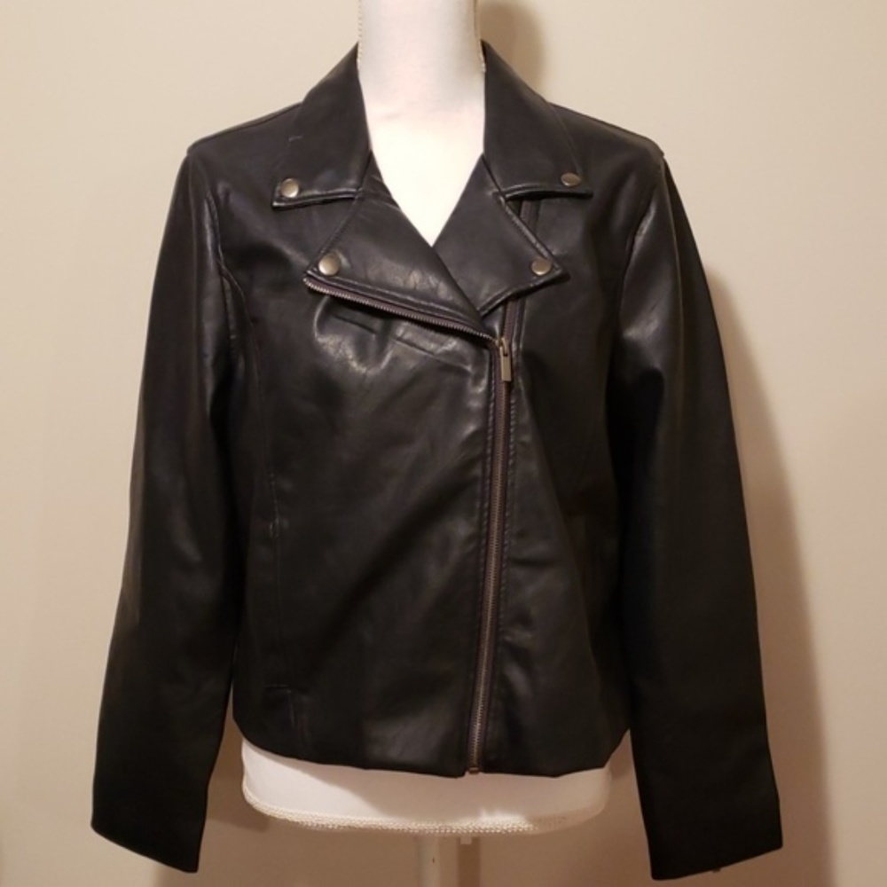 Dark blue faux leather moto jacket